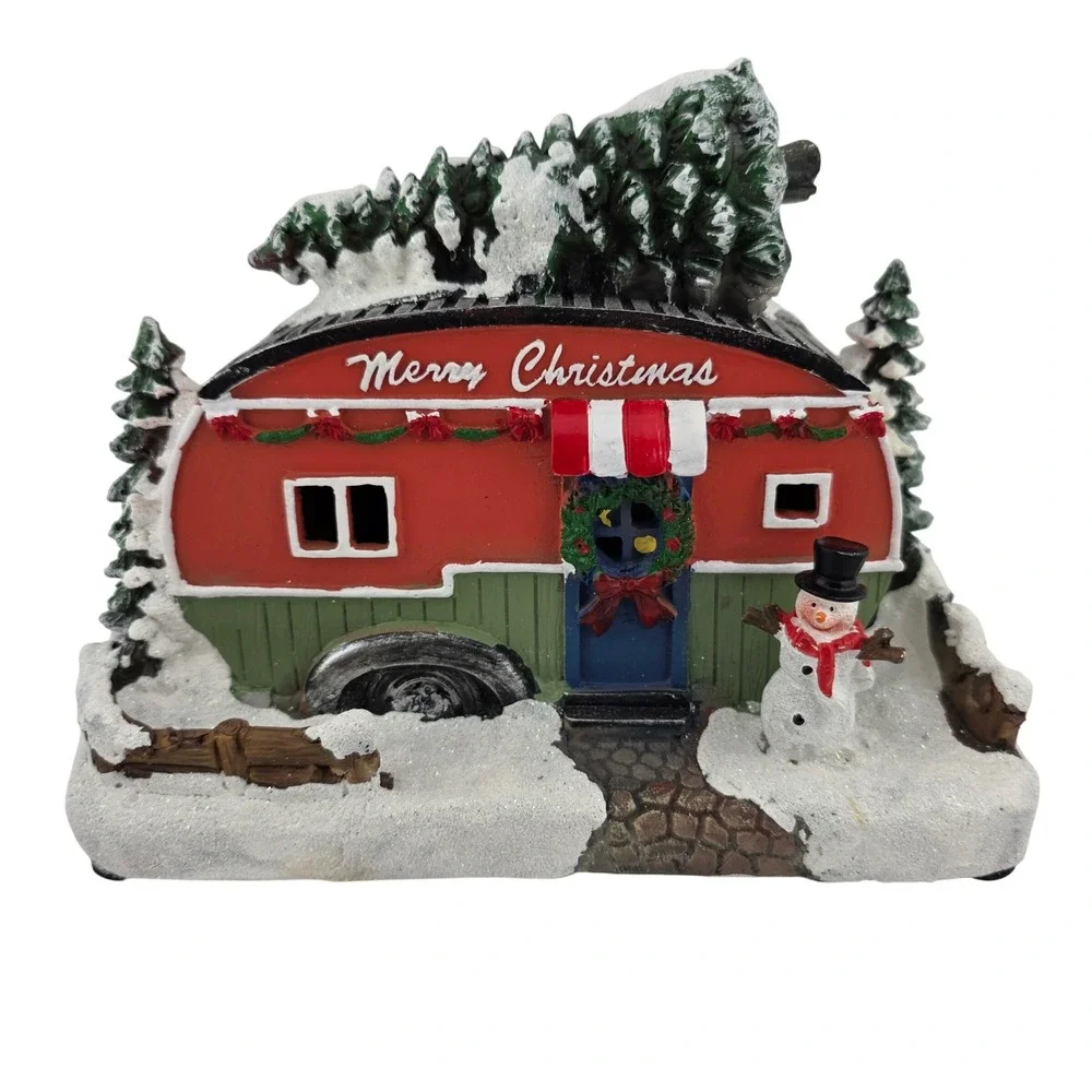 Christmas Camper Trailer Light Up Snowman Figurine Red Green Excellent Holiday